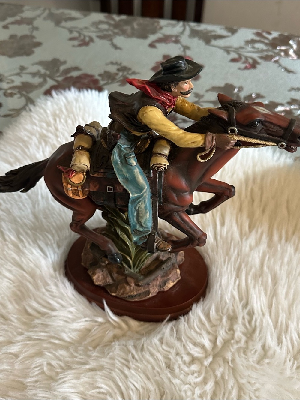 Western vintage Cowboy on Horse Figurine - Brown and Blue